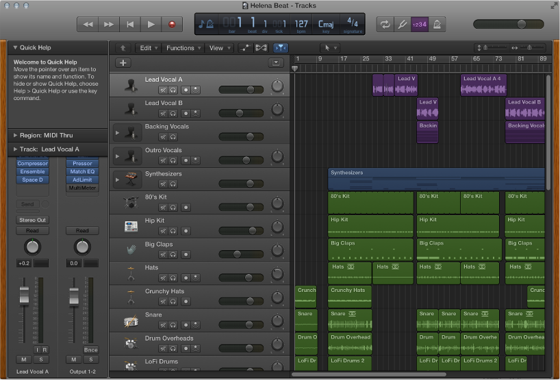 Figure. Logic Pro showing the Tracks area for the demo project.