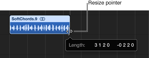 Figure. Resizing a region in the Tracks area. The Help tag shows the length of the region.