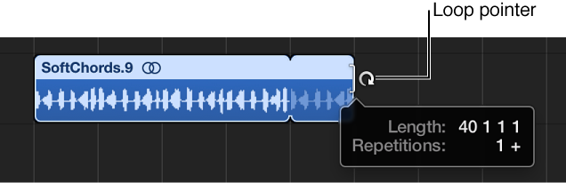 Figure. Looping a region in the Tracks area. The Help tag shows the region length and the number of repetitions.