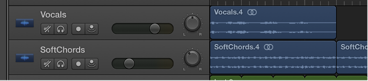 Figure. Audio tracks and audio regions in the Tracks area.