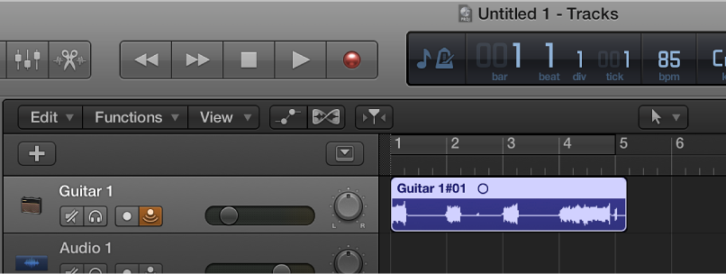 Figure. The Tracks area, showing the new audio region after recording.