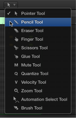 Figure. The Tool menu in the Piano Roll Editor, with the Pencil tool selected.