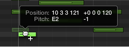 Figure. Option-dragging a note to copy it in the Piano Roll Editor. The Help tag shows the notes position and pitch.
