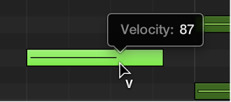 Figure. Editing the velocity of a MIDI note in the Piano Roll using the Velocity tool. The Help tag shows the Velocity value.