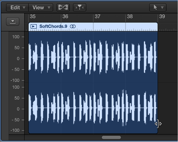 Figure. The trim pointer over the lower-right edge of an audio region in the Audio Track Editor.