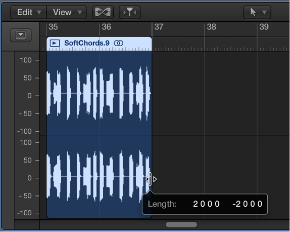 Figure. Trimming an audio region in the Audio Track Editor. The Help tag shows the region length.