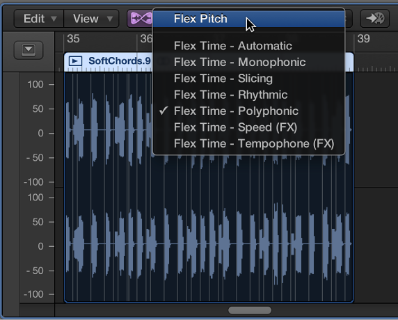 Figure. The Flex pop-up menu, with Flex Pitch mode selected.