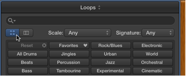 Figure. The Loop Browser showing keyword butons and the Button View button.