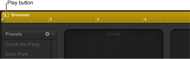 Figure. Clicking the Play button in the upper-left area of the Drummer Editor.