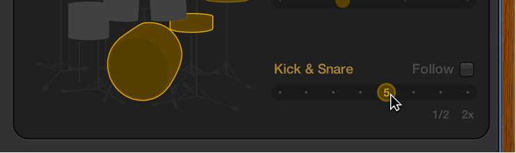 Figure. Dragging the Kick & Snare slider in the Drummer Editor.