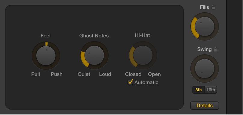 Figure. Drummer Editor with the Details button selected, showing the Feel, Ghost Notes, and Hi-Hat knobs.