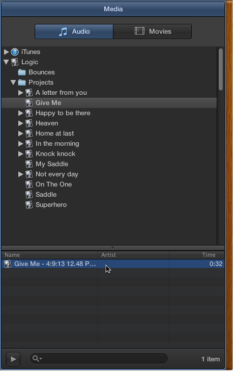 Figure. The Media Browser with the Audio tab selected, showing Logic projects.