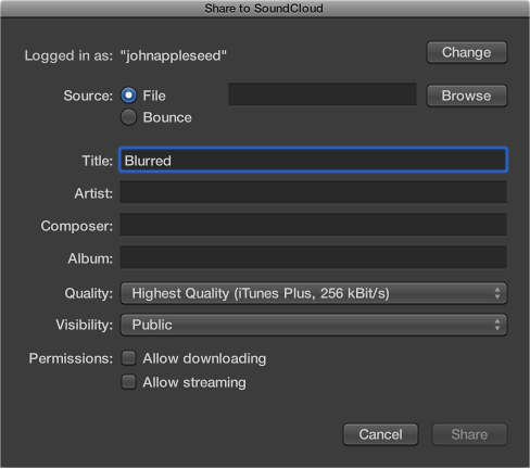 Figure. Share to SoundCloud dialog.