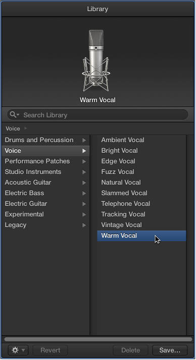Figure. The Library with a vocal patch selected.