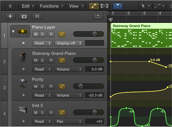Figure. Track Stack open in the Tracks area, showing overview and automation curves.