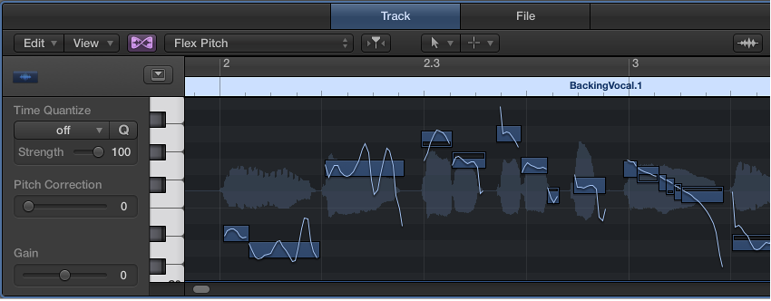 Figure. The Audio Track Editor, showing a region in Flex Pitch mode.