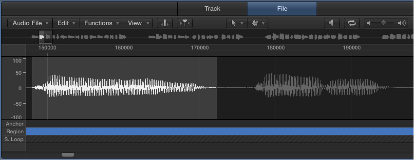 Figure. The Audio File Editor, showing the waveform of the selected audio file.