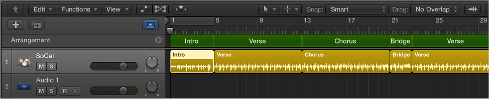 Figure. A Drummer track containing five regions to match the five arrangement markers.