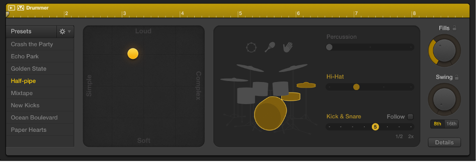 Figure. Drummer Editor right side showing region-based settings.