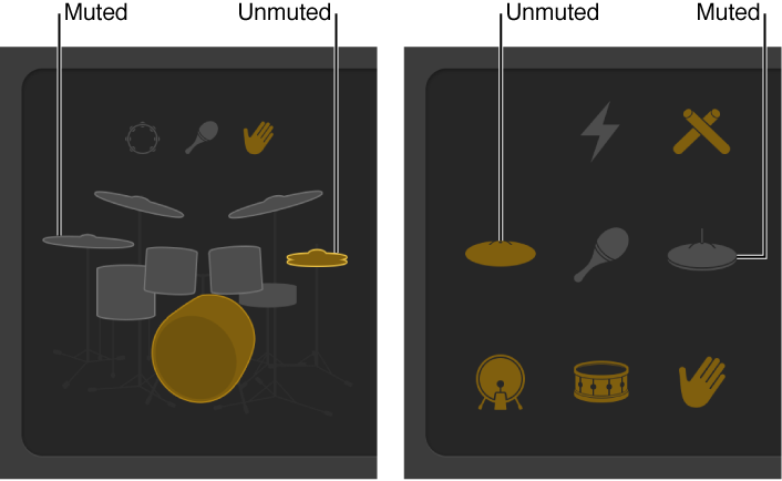 Figure. Muted and unmuted kit pieces in the Drummer Editor.