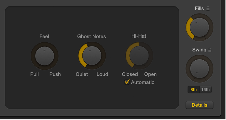 Figure. Feel knob, Ghost Notes knob, and Hi-Hat knob in the Drummer Editor.