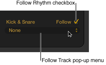 Figure. Follow checkbox and Follow Track pop-up menu in the Drummer Editor.
