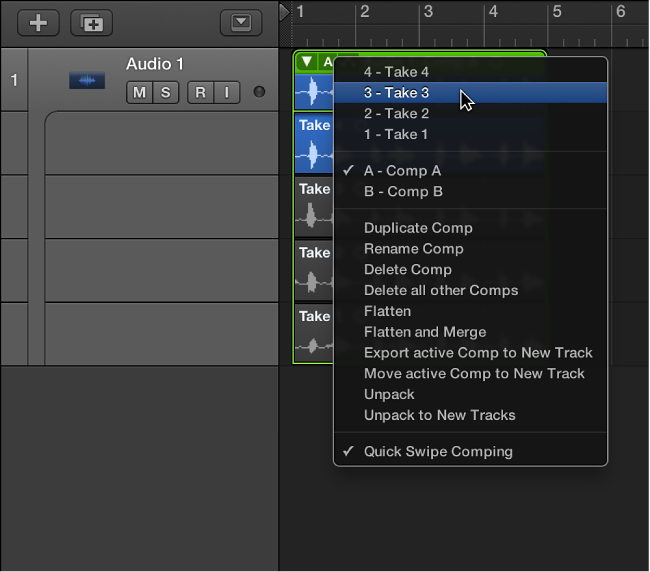 Figure. Choosing a take from the pop-up menu.