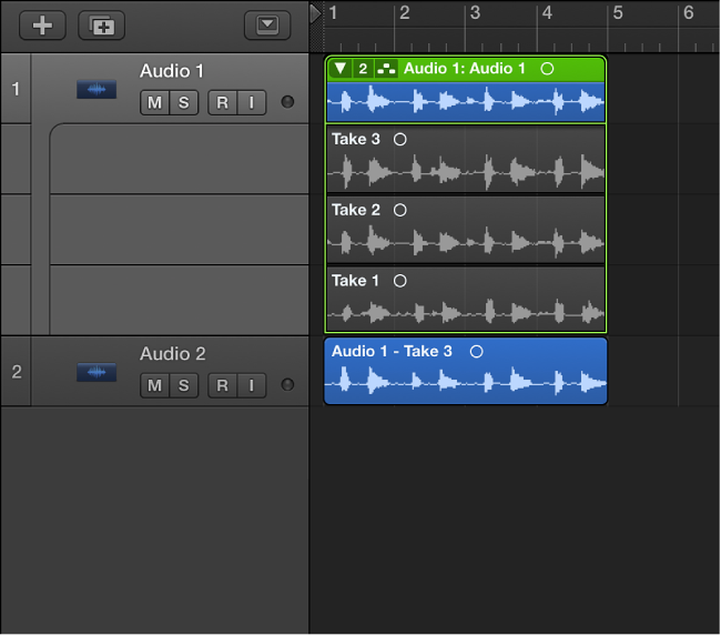 Figure. Showing the moved take on a new track.