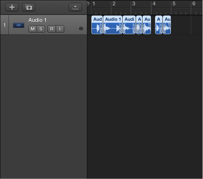 Figure. Showing the flattened take folder, with the resulting regions on an audio track.