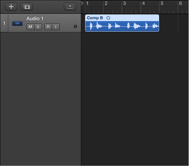 Figure. Showing the flattened take folder, with the resulting regions merged on an audio track.