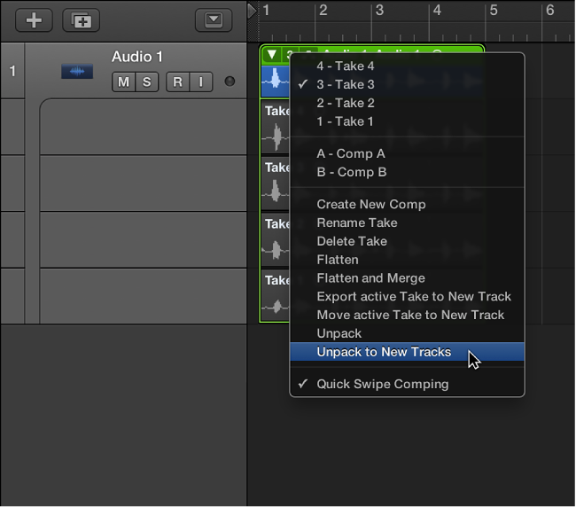 Figure. Choosing Unpack to New Tracks from the pop-up menu.