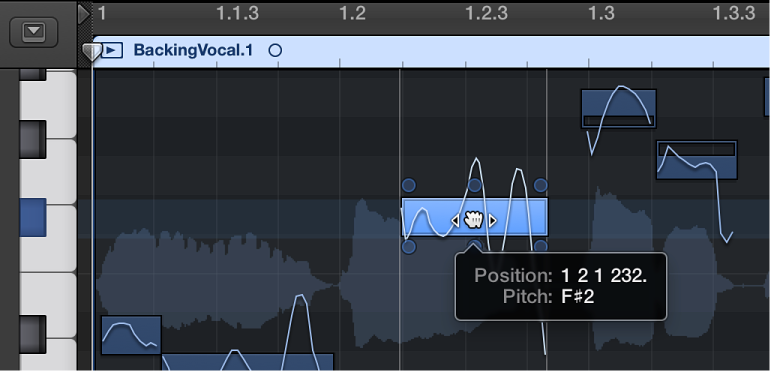 Figure. Dragging a note horizontally in the Audio Track Editor.