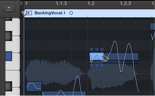 Figure. Cutting a note with the Scissors tool in the Audio Track Editor.