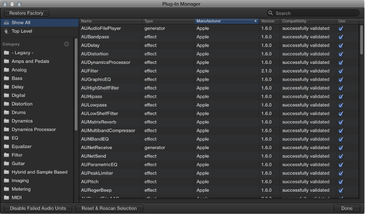 Figure. Audio Units Manager window.