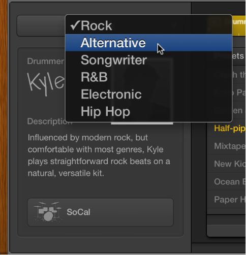 Figure. Drummer Editor showing genre pop-up menu.