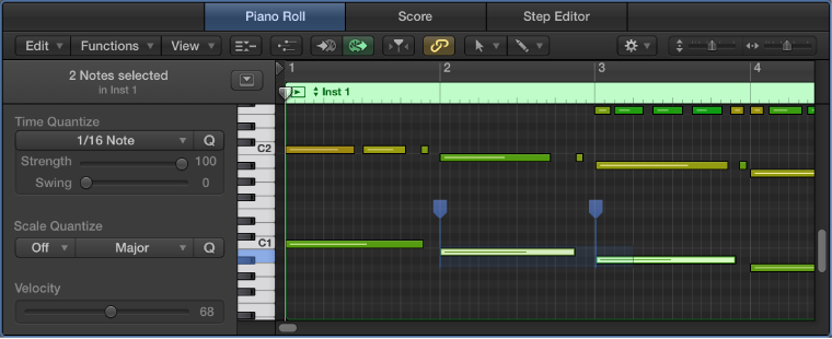 Figure. Piano Roll Editor, showing flex markers.