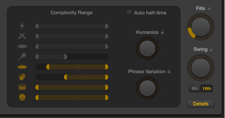 Figure. Humanize knob, Evolution knob, and Complexity Range sliders in the Drummer Editor.