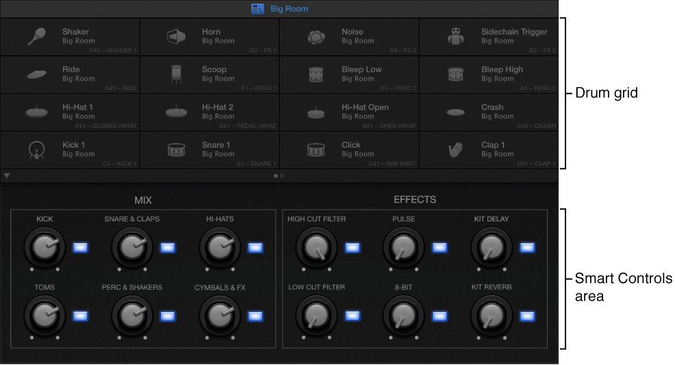 Figure. Drum Machine Designer showing the drum grid and Smart Controls area.