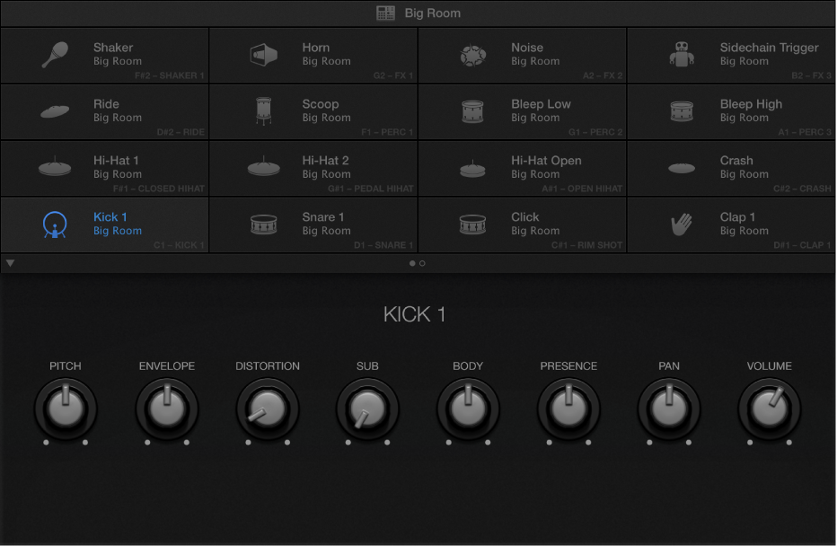 Figure. Drum Machine Designer showing Kick 1 smart controls.