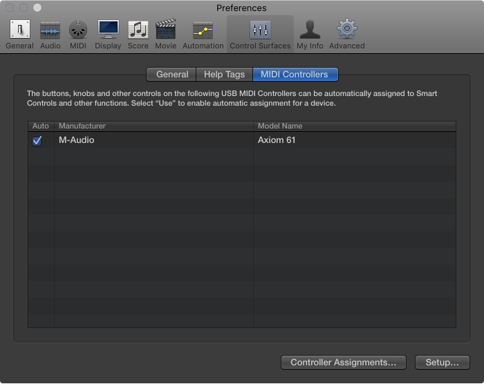 Figure. Control Surfaces USB MIDI controller tab.