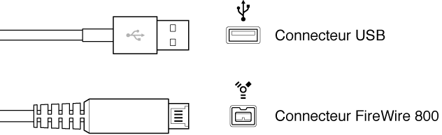 Figure. Illustration des types de connecteur USB et FireWire.