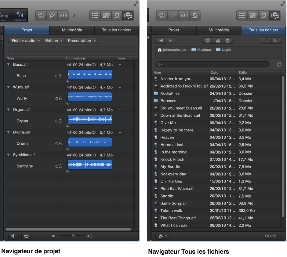 Figure. Navigateur audio du projet et navigateur Tous les fichiers.