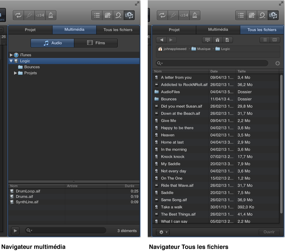Figure. Fichiers multimédias dans le navigateur multimédia et le navigateur Tous les fichiers.