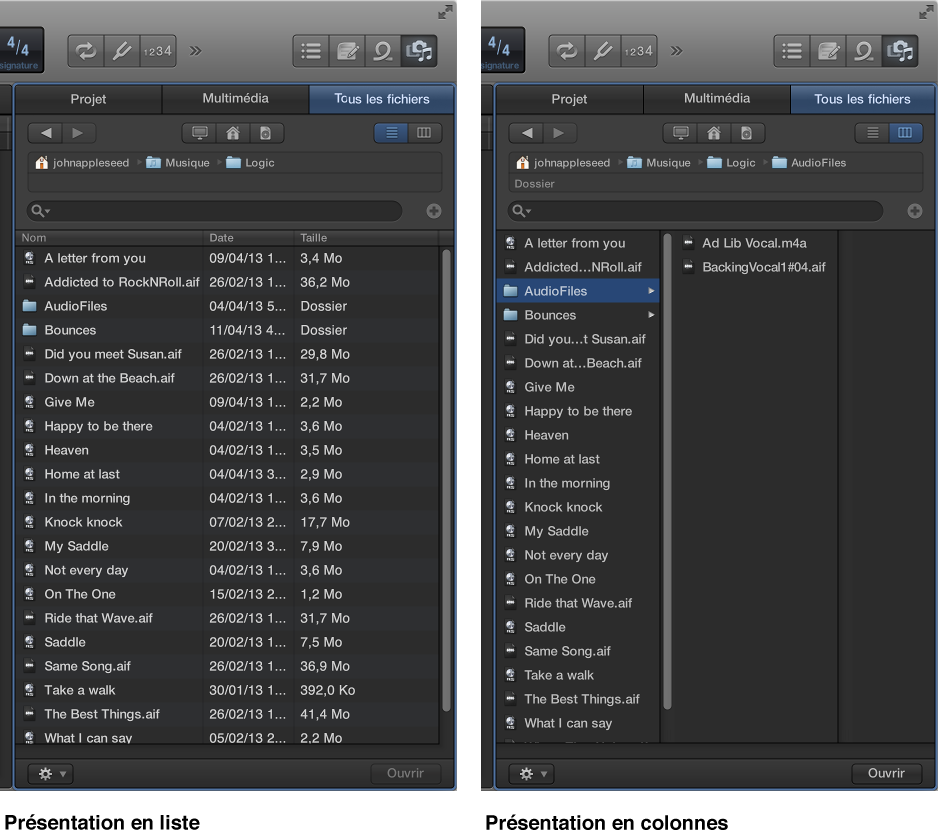Figure. Présentation en liste et présentation en colonnes dans le navigateur Tous les fichiers.