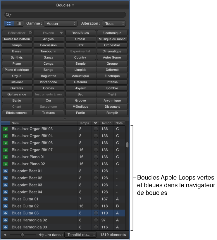 Figure. Navigateur de boucles avec boucles Apple Loops vertes et bleues.
