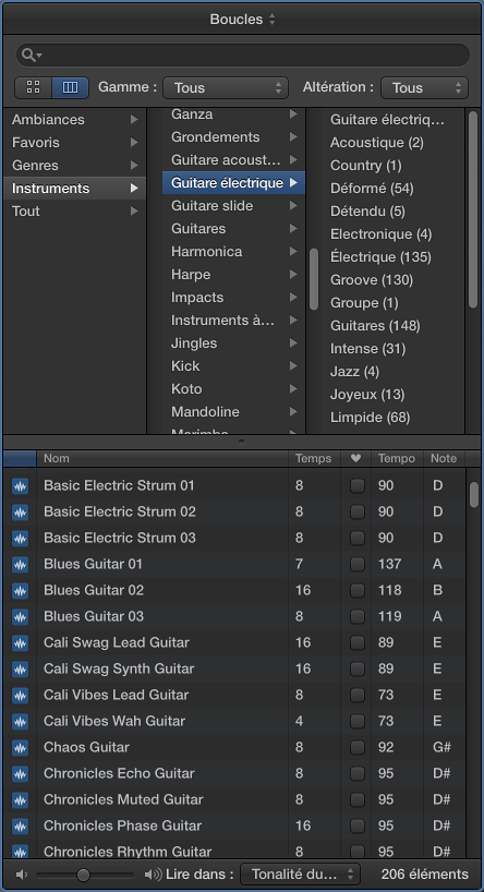 Figure. Navigateur de boucles en présentation en colonnes.