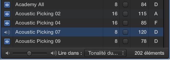 Figure. Curseur Volume et menu local « Lire dans » dans le navigateur de boucles.