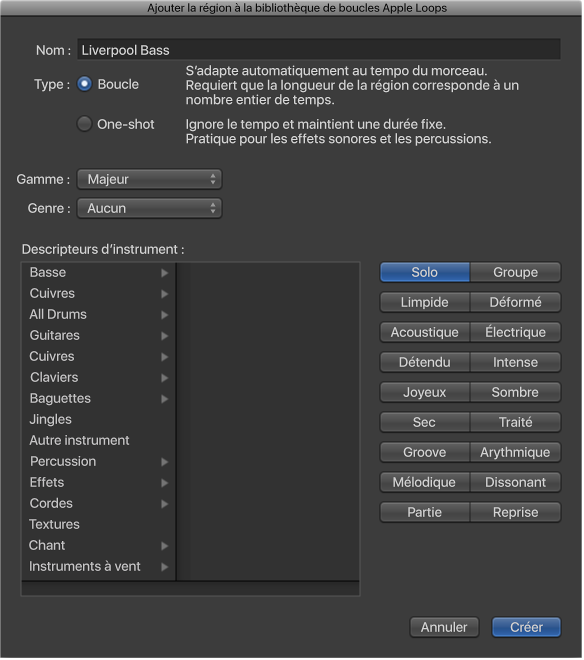 Figure. Zone de dialogue Ajouter la région à la bibliothèque de boucles Apple Loops.