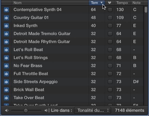 Figure. En-têtes de colonne dans le navigateur de boucles.
