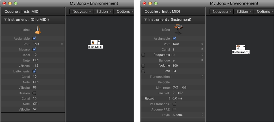 Figure. Fenêtre Environnement affichant des paramètres dans l’inspecteur d’objets.